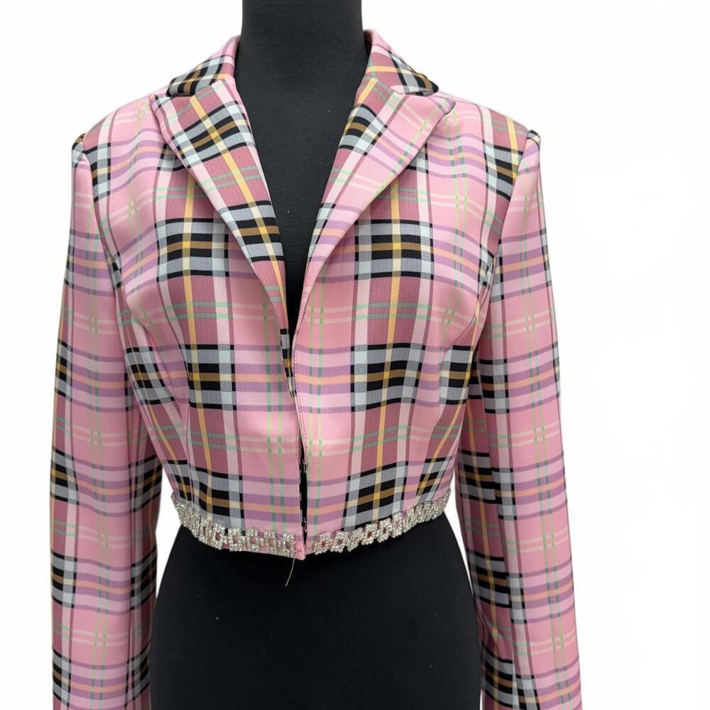 Pink Plaid Cropped Blazer Rhinestone Hem NWT!!